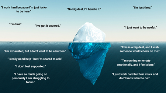 an iceberg image with words that reflect burnout on the surface vs what's actually happening for tech workers