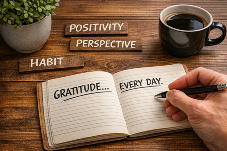 a notebook on a table - the left side has gratitude written on it, the right side has every day written on it. the words habit, positivity, and perspective are on the table