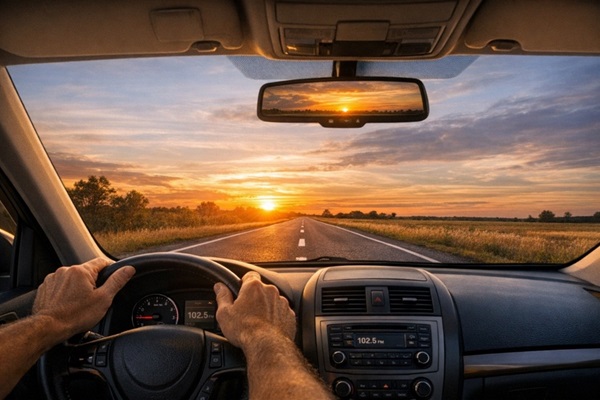 hands on a steering wheel with the sun rise on the horizon and an open road ahead